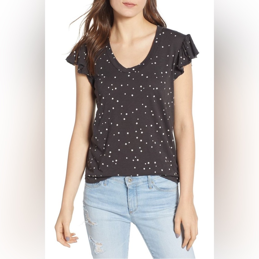 🎀Sundry 100% Pima cotton star print ruffle sleeve tee shirt small made in USA